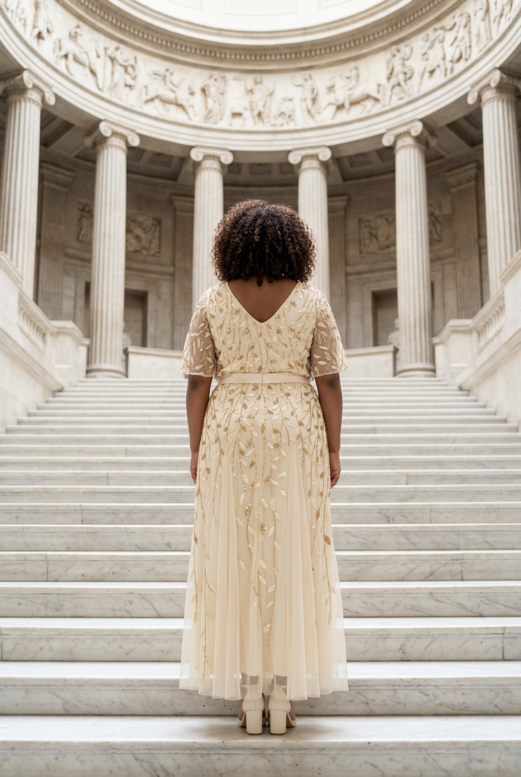 Pale Yellow Sequin and Leaves Embellished Overlay Gown, Size XL