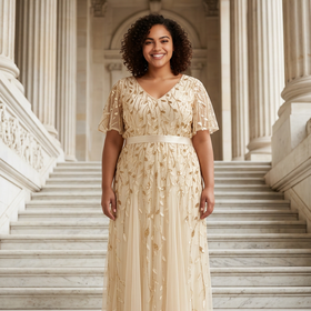 Pale Yellow Sequin and Leaves Embellished Overlay Gown, Size XL