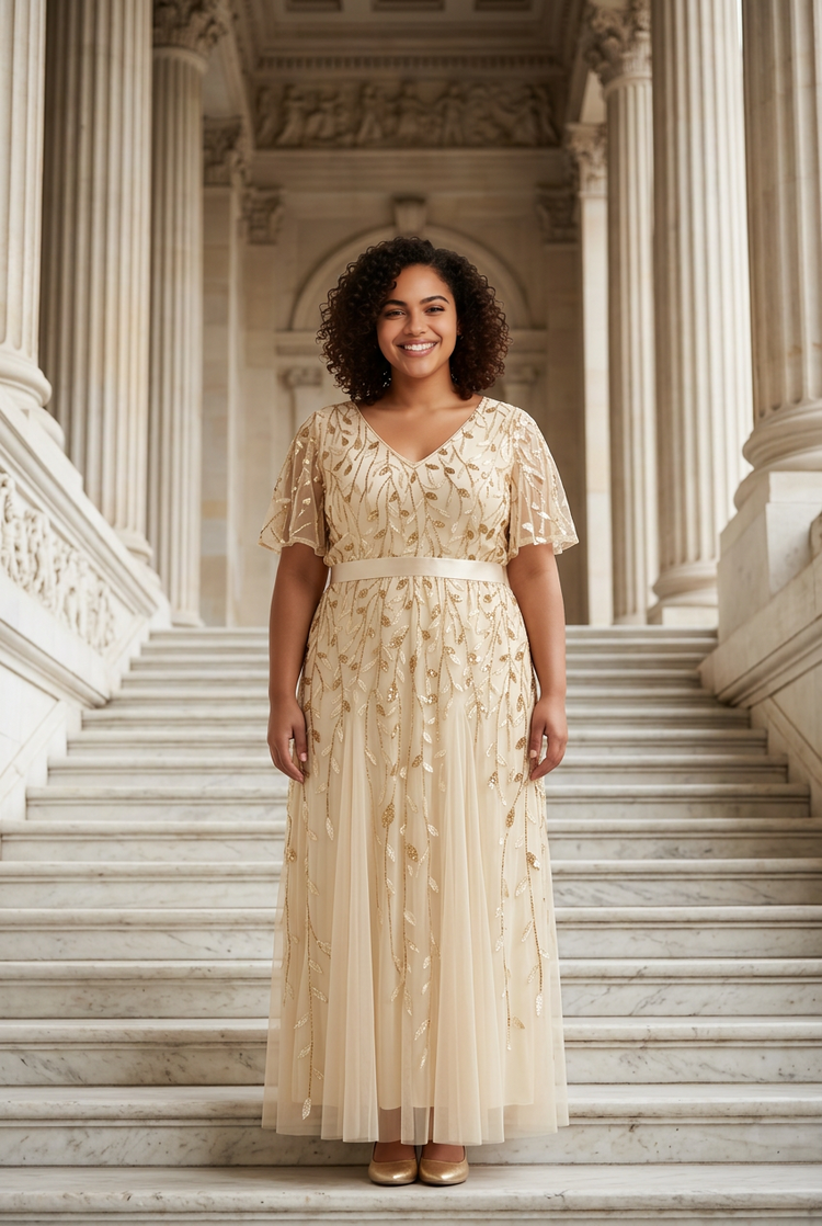 Pale Yellow Sequin and Leaves Embellished Overlay Gown, Size XL