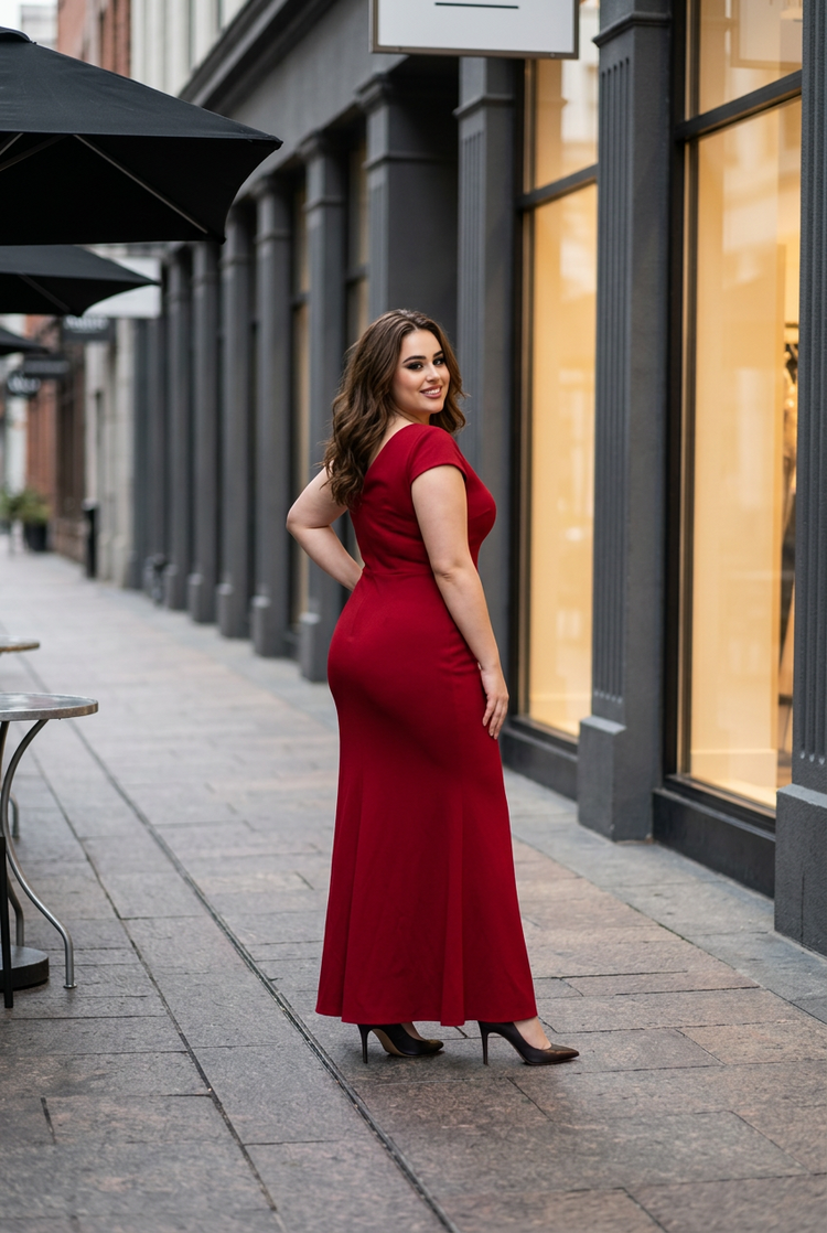 Dress The Population Red Gown with Capped Sleeves and Slit, Size XL