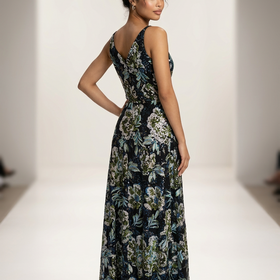 Dress The Population Navy Embroidered  Sequin Floral Design Gown, Size S