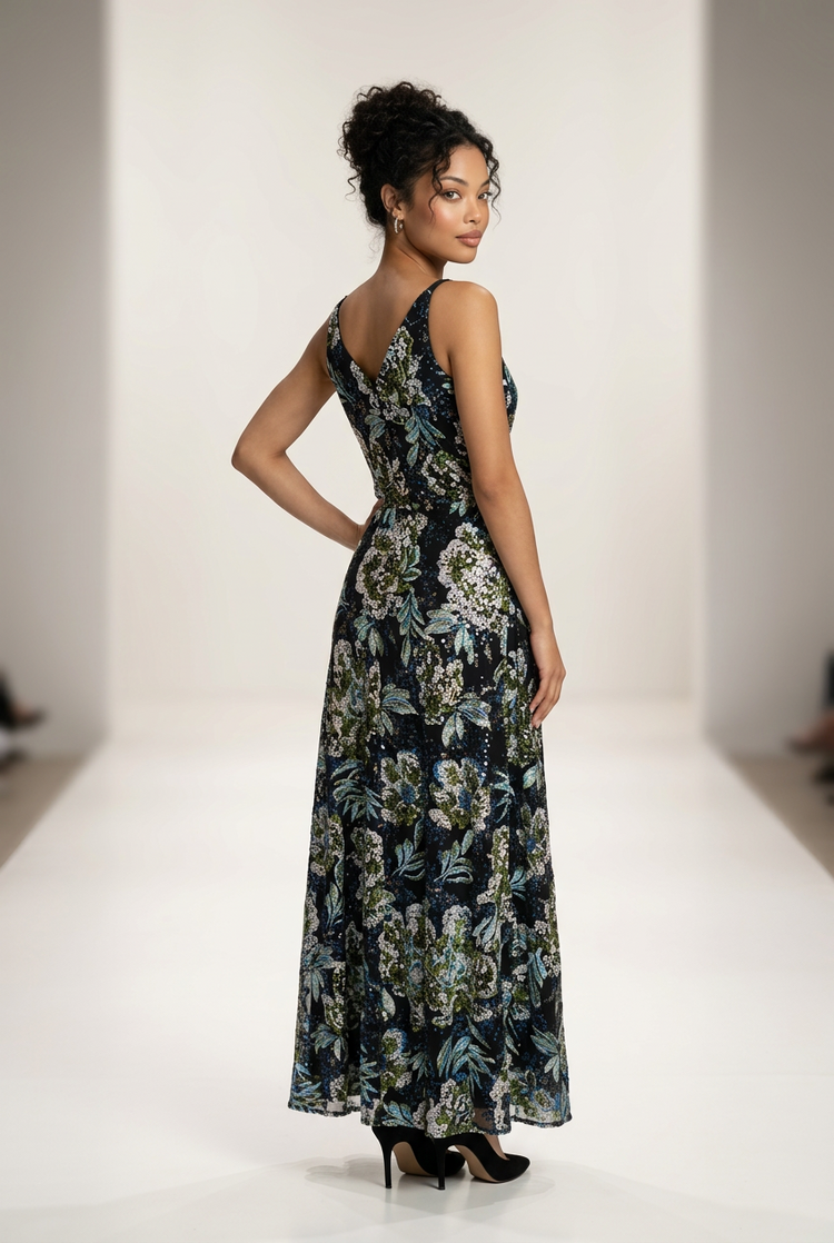 Dress The Population Navy Embroidered  Sequin Floral Design Gown, Size S