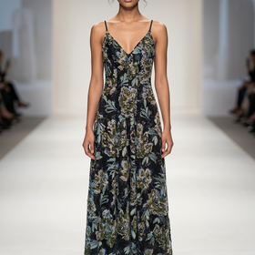 Dress The Population Navy Embroidered  Sequin Floral Design Gown, Size S