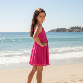 Hot Pink Spaghetti Strap Dress with Embellished Waist and Ruffled Hem