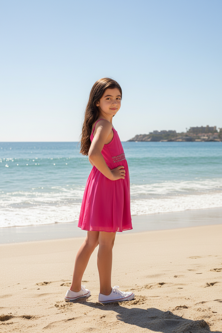 Hot Pink Spaghetti Strap Dress with Embellished Waist and Ruffled Hem