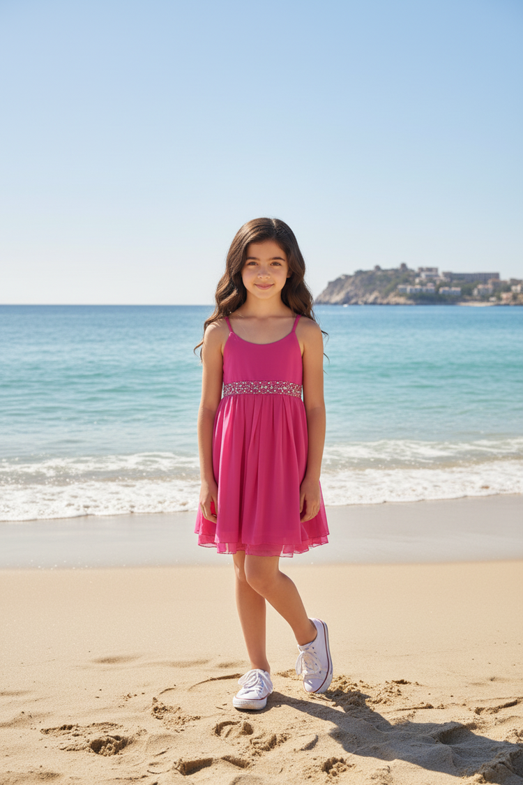 Hot Pink Spaghetti Strap Dress with Embellished Waist and Ruffled Hem