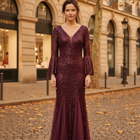 Musol Burgundy Lace Gown with Godets & Bell Sleeves, Size XL