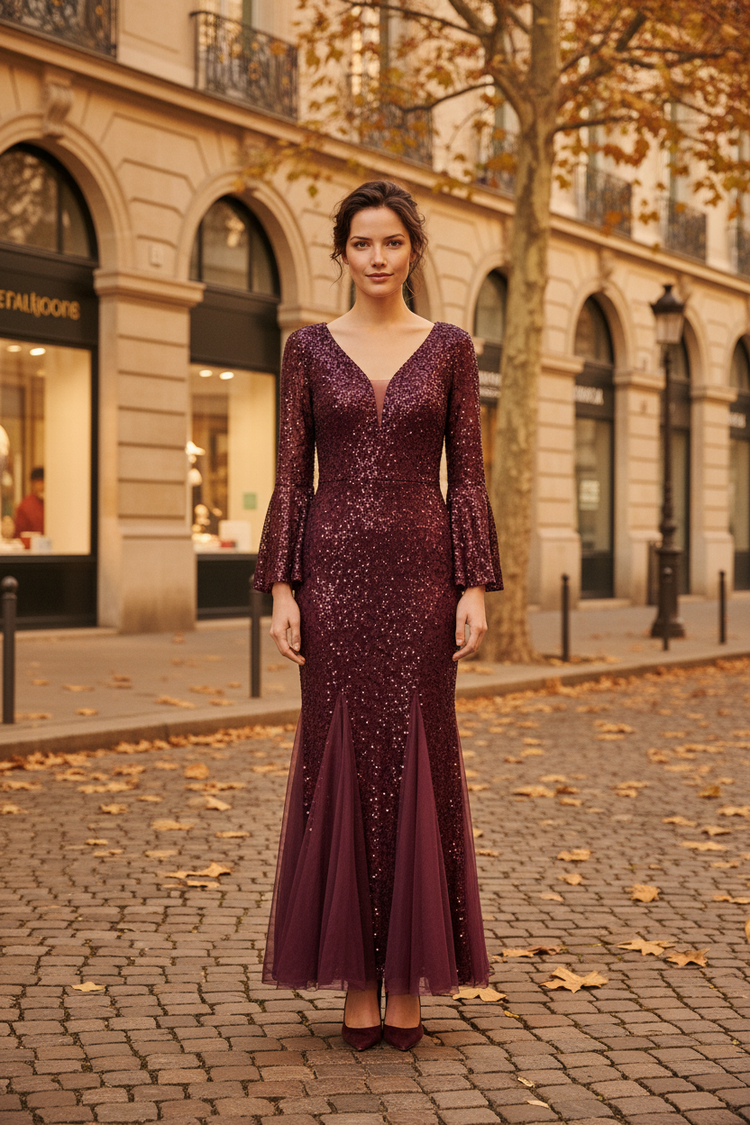 Musol Burgundy Lace Gown with Godets & Bell Sleeves, Size XL