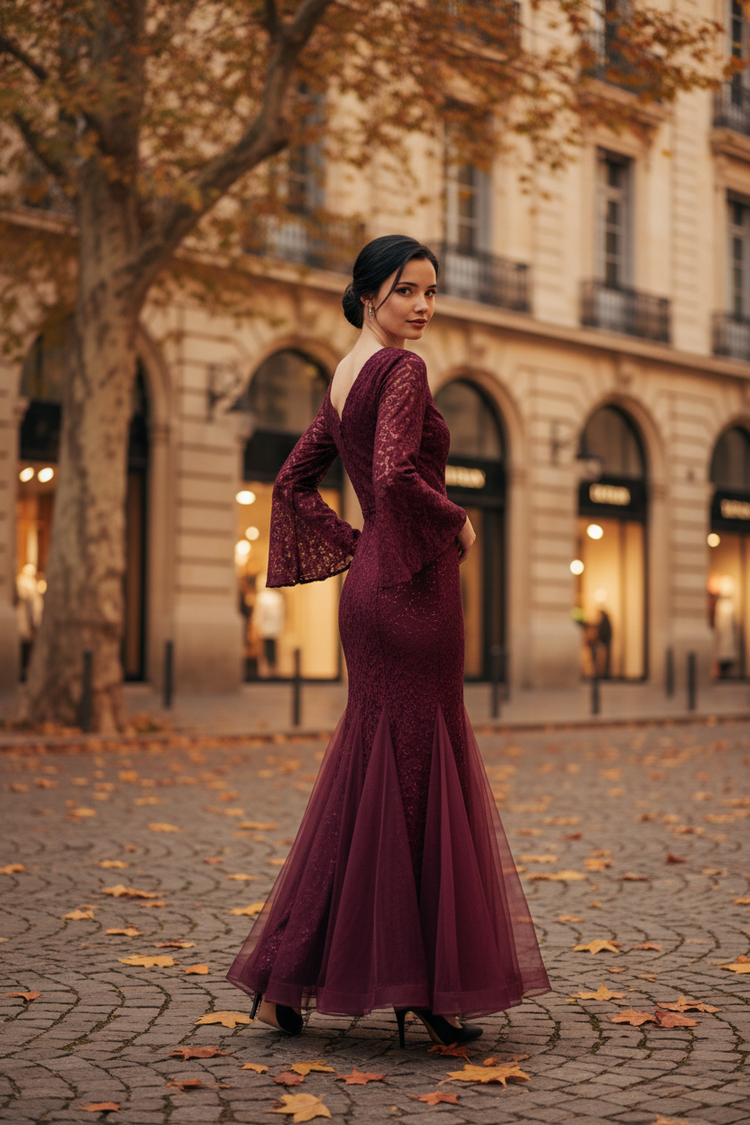 Musol Burgundy Lace Gown with Godets & Bell Sleeves, Size XL