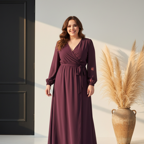 Connected Apparel Bordeaux Mock Wrap Long Sleeve Gown, Size 22W