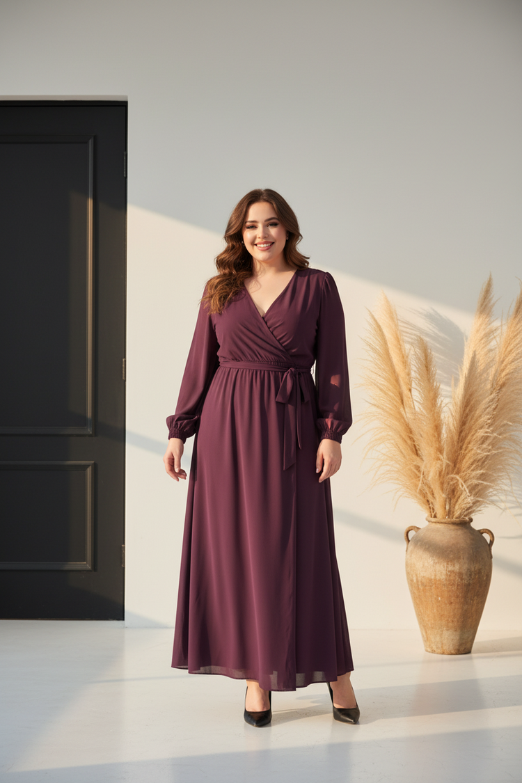 Connected Apparel Bordeaux Mock Wrap Long Sleeve Gown, Size 22W