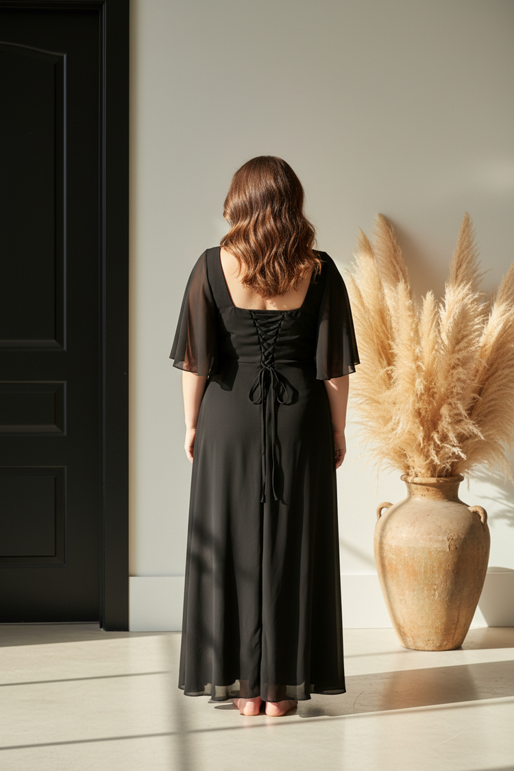 Black Flutter Sleeved Ruched Gown with Lace-Up Back, Size 20
