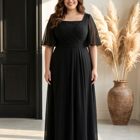 Black Flutter Sleeved Ruched Gown with Lace-Up Back, Size 20