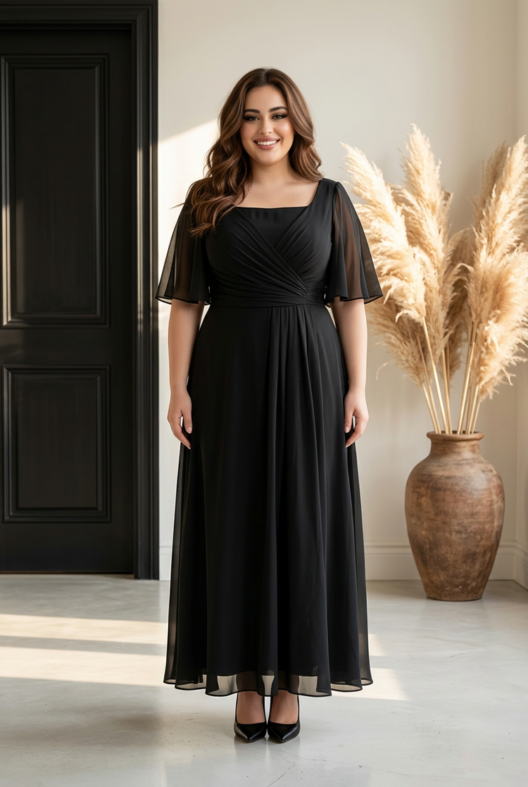 Black Flutter Sleeved Ruched Gown with Lace-Up Back, Size 20