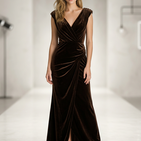 Brown Velvet Gown w/Side Ruching Detail and Slit, Size 12