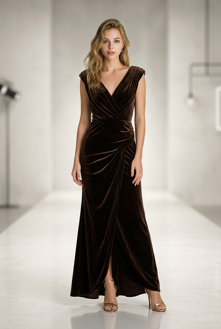 Brown Velvet Gown w/Side Ruching Detail and Slit, Size 12