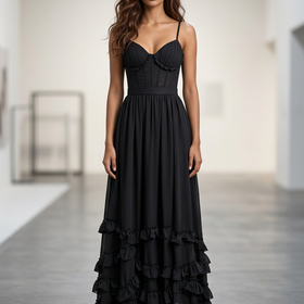 Black Corset Style Top with Full 3-Tier Ruffle Bottom and Lace Up Back Gown, Size 10