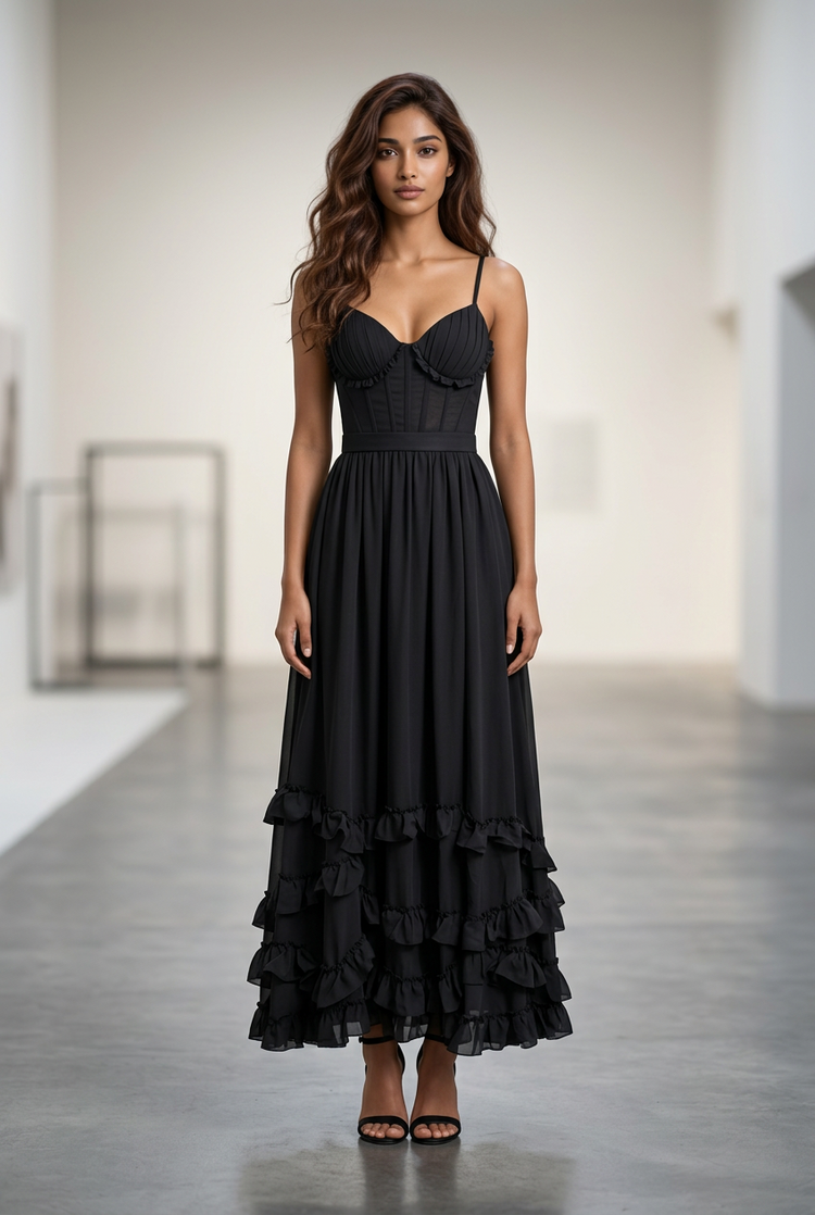 Black Corset Style Top with Full 3-Tier Ruffle Bottom and Lace Up Back Gown, Size 10