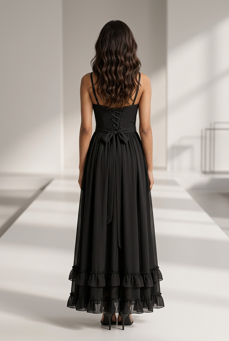 Black Corset Style Top with Full 3-Tier Ruffle Bottom and Lace Up Back Gown, Size 10