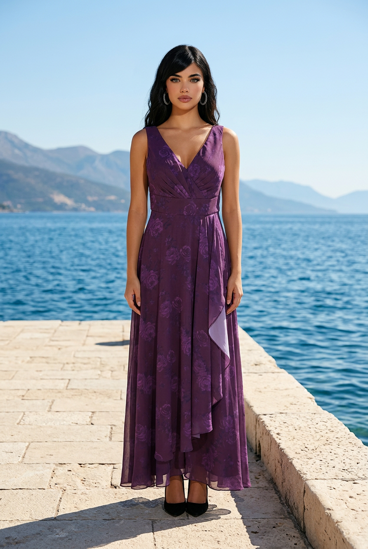 Purple Floral Print Gown with Side Slit, Size 14