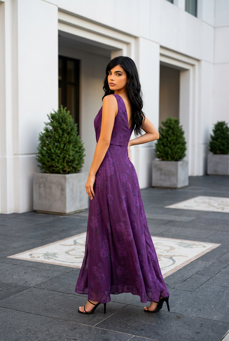 Purple Floral Print Gown with Side Slit, Size 14