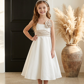 Ivory Satin Girls Dress with Latte Flowers and WaistBand, Size 4