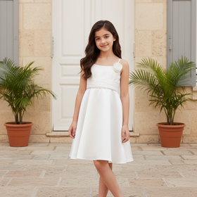 White Girls Dress with Flower Waistband