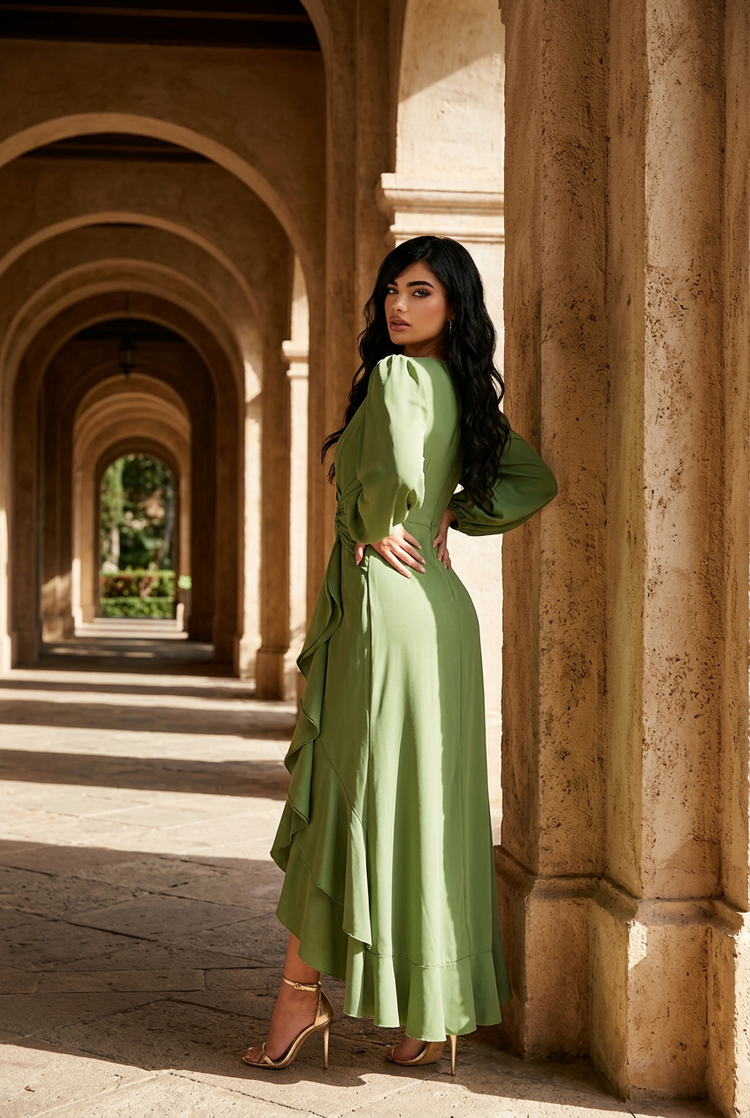 Pear Green Ruched Waist Corset Back and Ruffled Slit Gown, Size 12