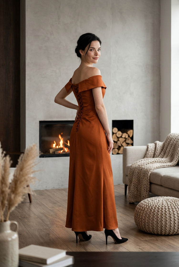 Copper Lace-up Back Ruched Ruffled Slit Gown, Size 10