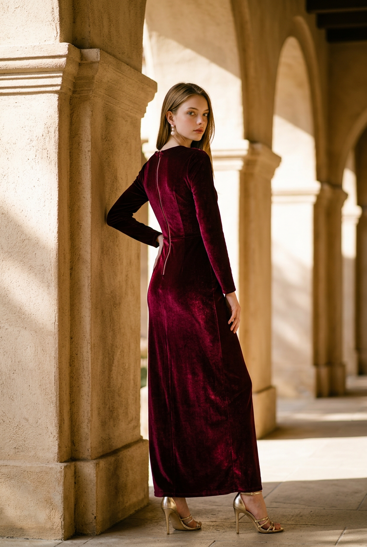 Red Velvet Gown with Side Twist and Slit, Size 12