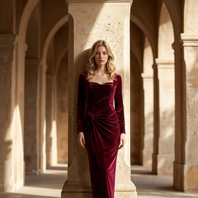 Red Velvet Gown with Side Twist and Slit, Size 12