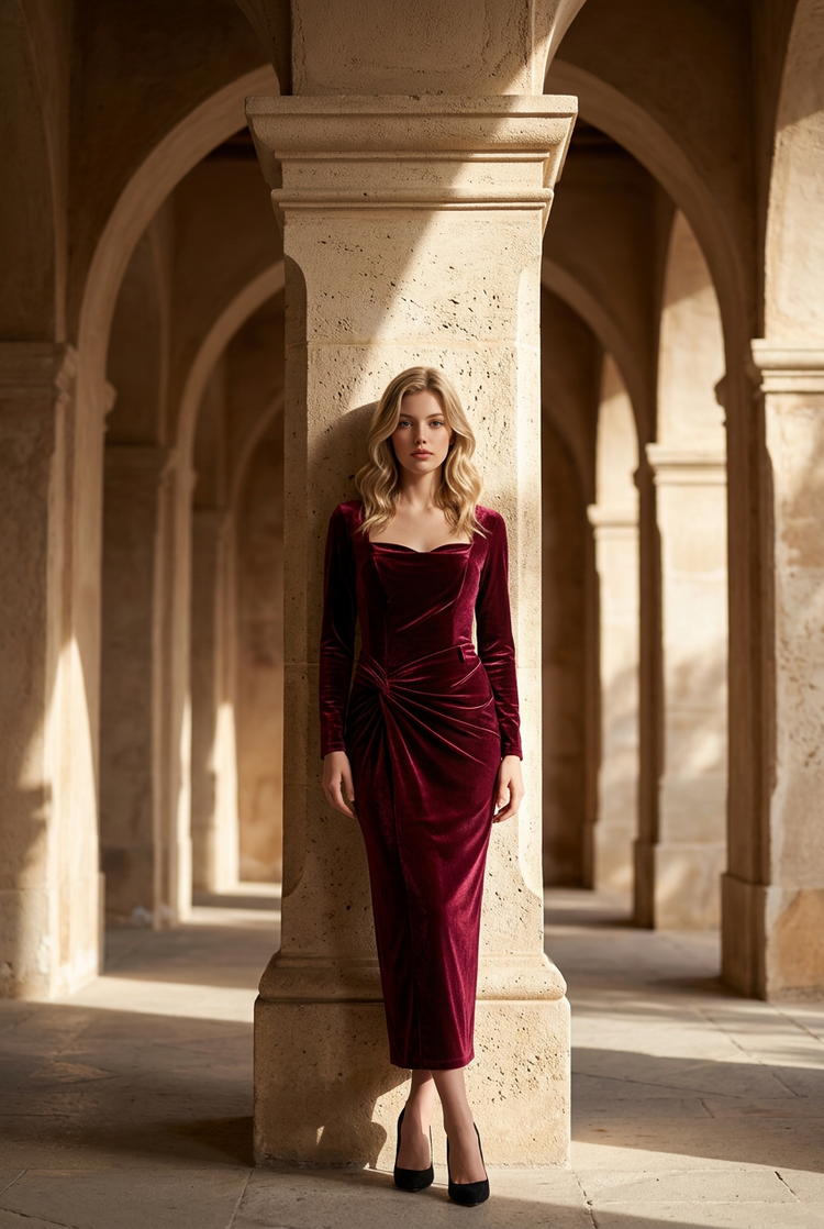 Red Velvet Gown with Side Twist and Slit, Size 12