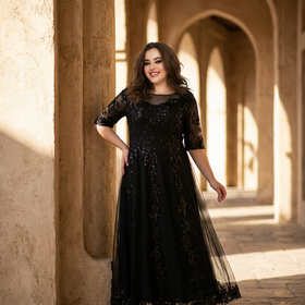 Black Tulle Overlay with Floral Embellishments Gowm, Size 14