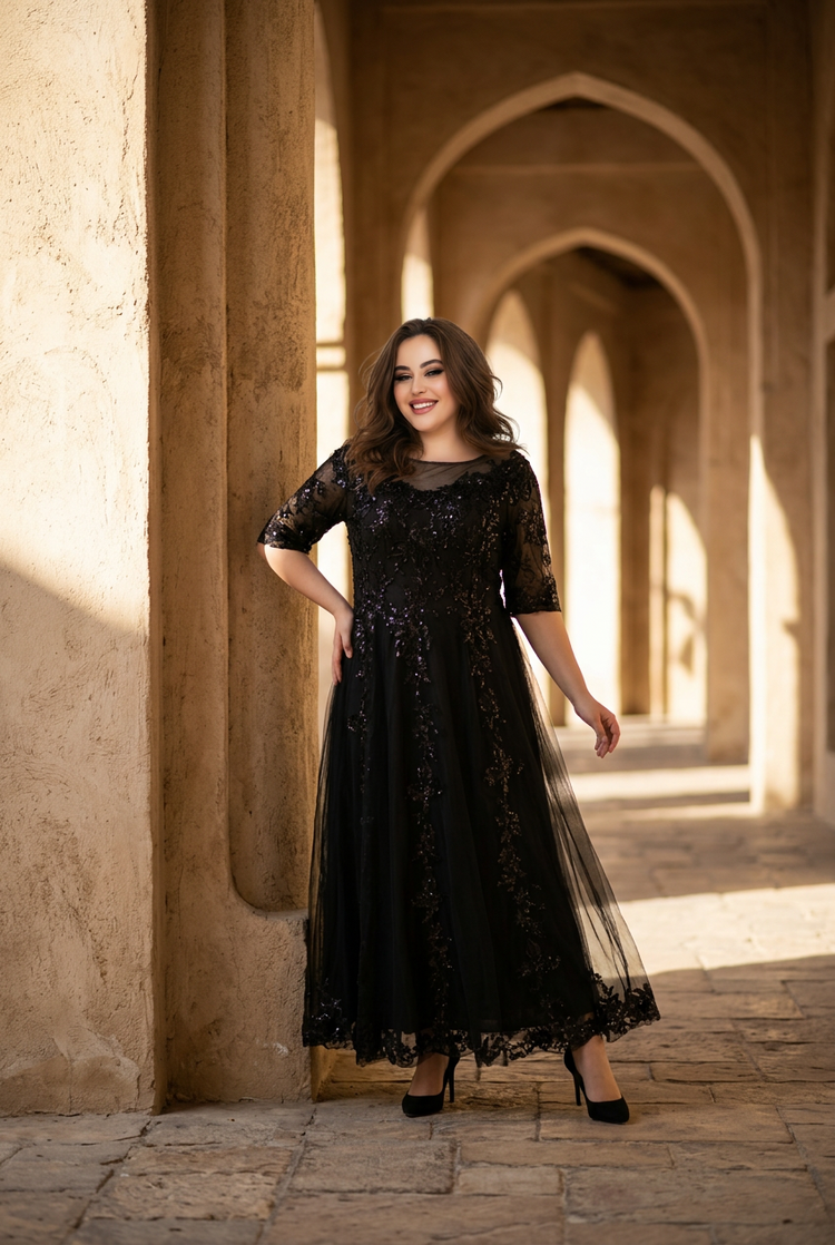 Black Tulle Overlay with Floral Embellishments Gowm, Size 14