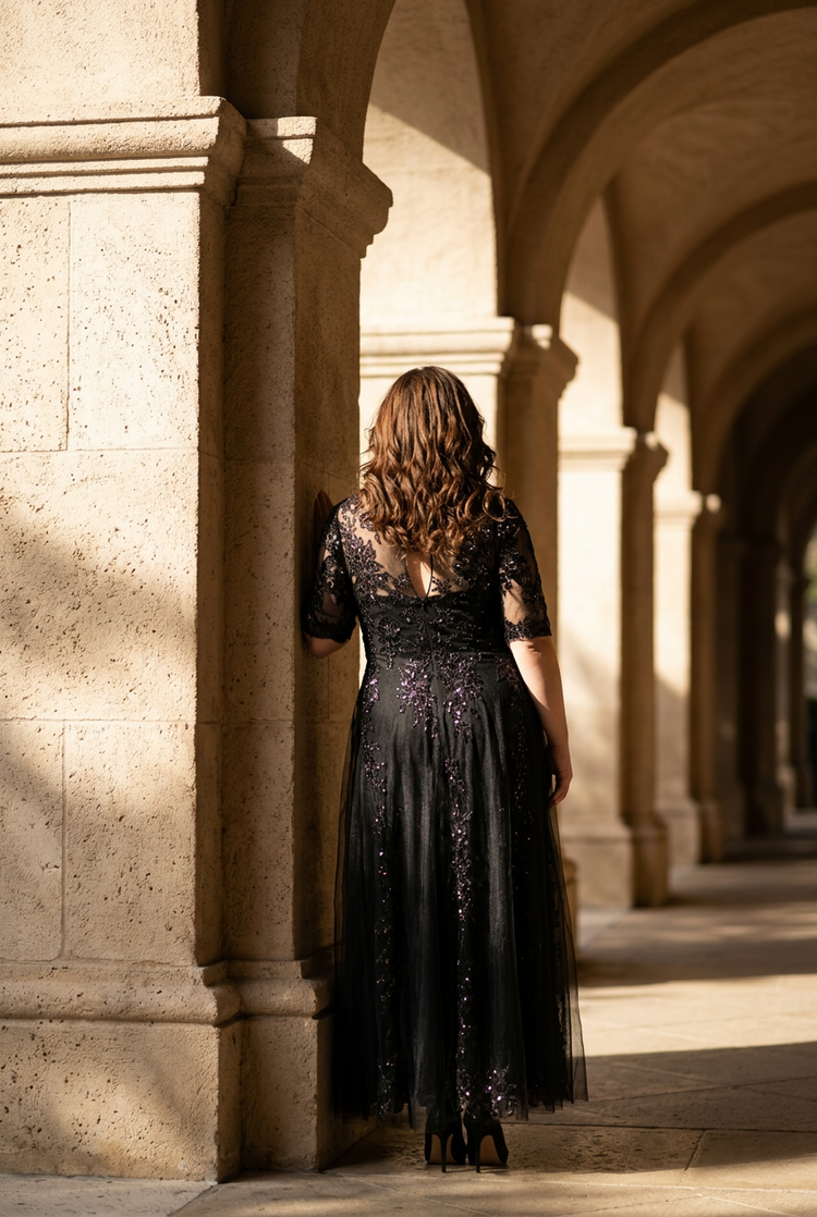 Black Tulle Overlay with Floral Embellishments Gowm, Size 14