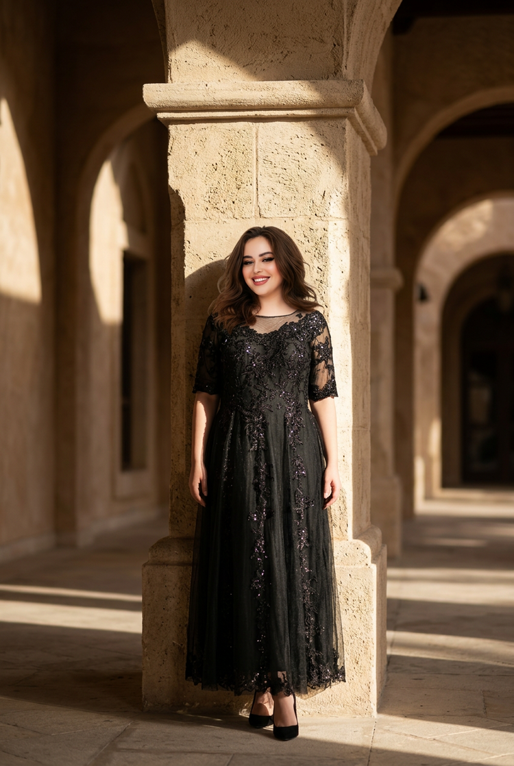 Black Tulle Overlay with Floral Embellishments Gowm, Size 14