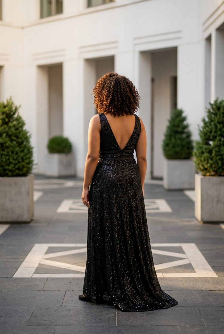 Black Full Sequin  Double V-Neck Gown, Size 5XL