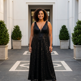 Black Full Sequin  Double V-Neck Gown, Size 5XL
