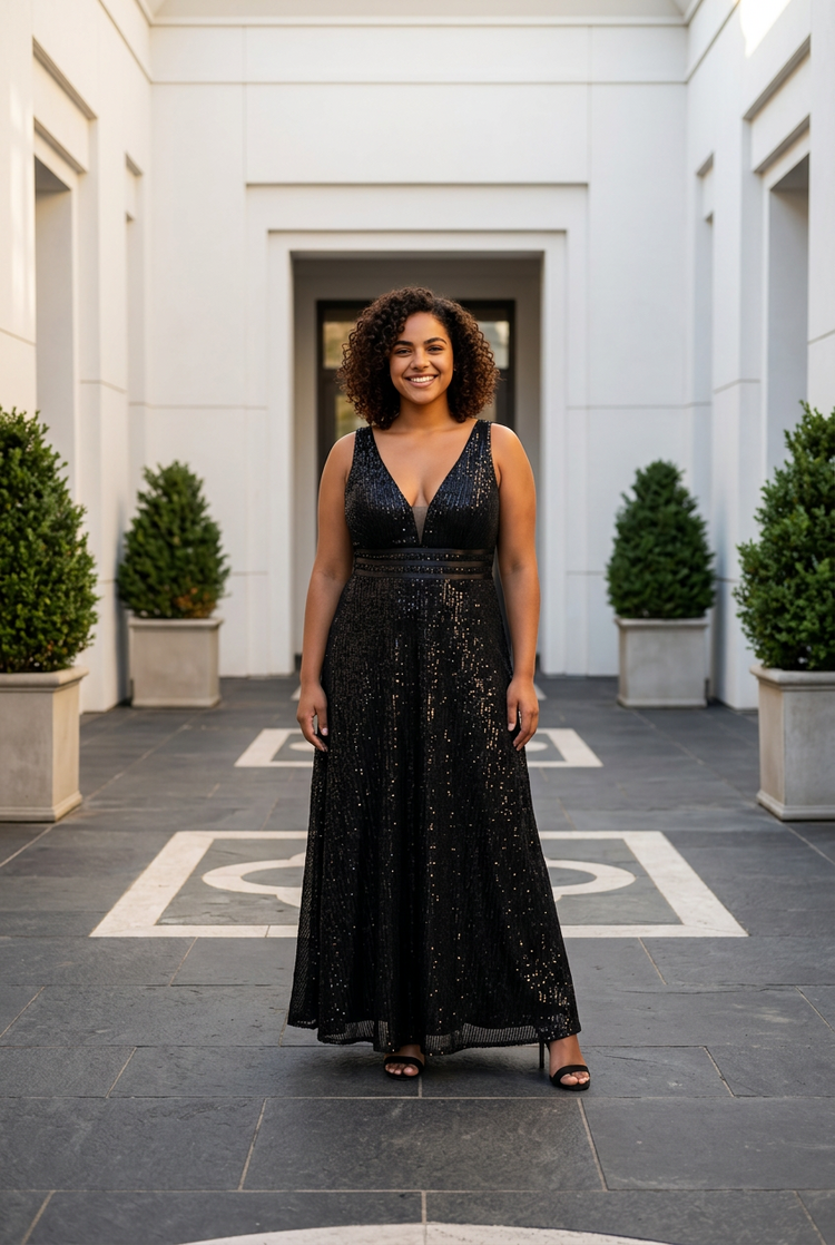 Black Full Sequin  Double V-Neck Gown, Size 5XL