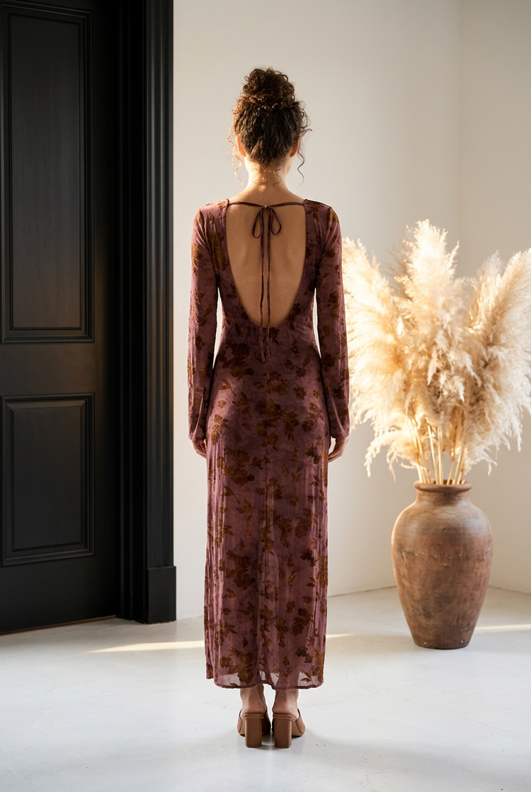 Plum Gown with Scoop Back and Burn-out Rust Flowers, Size L