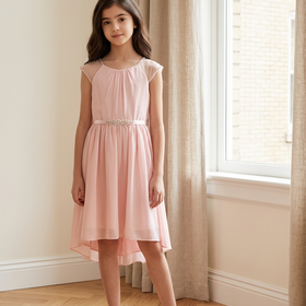 Pink Girls Dress with Jeweled Ribbon Ribbon Belt, Size 8