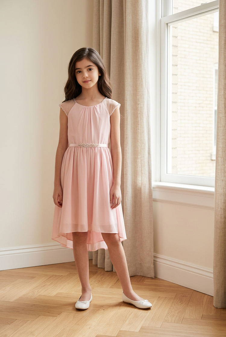 Pink Girls Dress with Jeweled Ribbon Ribbon Belt, Size 8