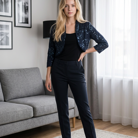 Adrianna Papell Navy Lace Floral Sequin Bolero Jacket, Size 14