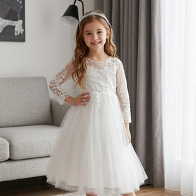White Floral Lace Tulle 3/4 Sleeve Girls Dress