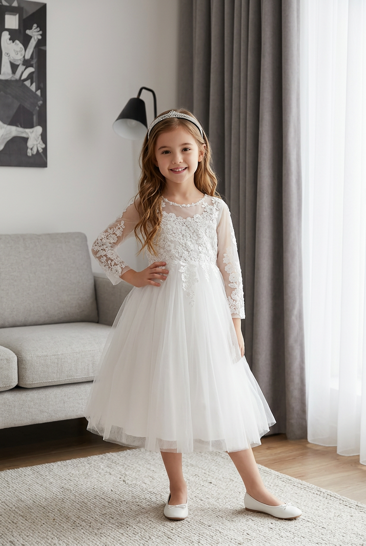 White Floral Lace Tulle 3/4 Sleeve Girls Dress