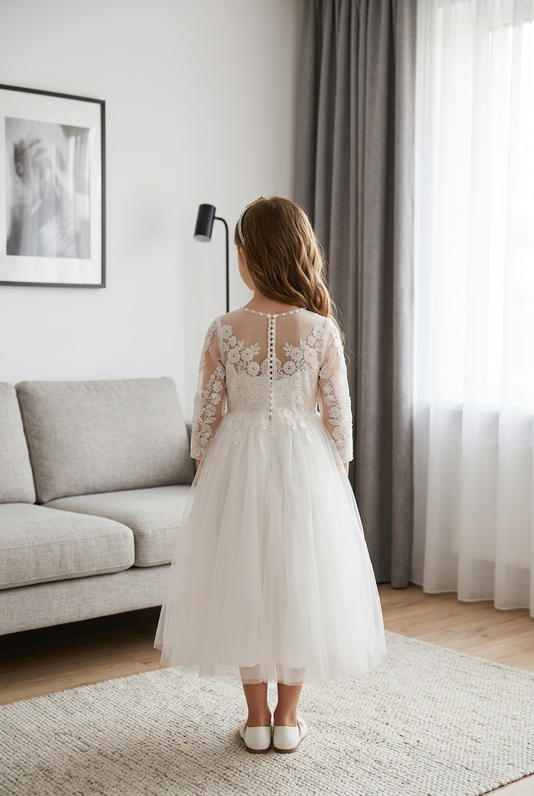 White Floral Lace Tulle 3/4 Sleeve Girls Dress