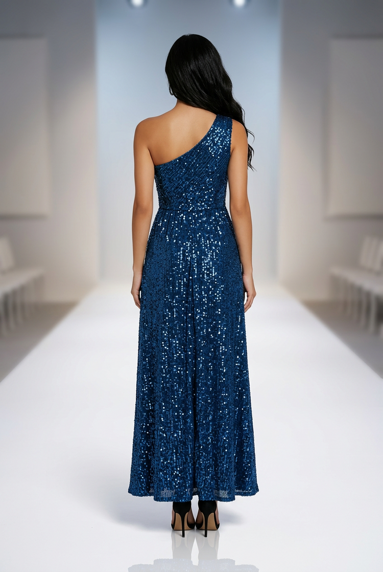 Teal Blue One Shoulder Velvet Sequin Gown, Size 12