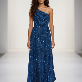 Teal Blue One Shoulder Velvet Sequin Gown, Size 12