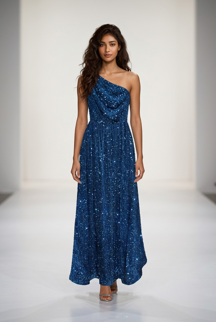 Teal Blue One Shoulder Velvet Sequin Gown, Size 12