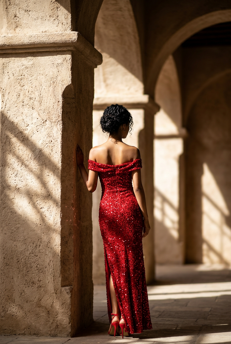 Red Sequined Velvet Off-the-Shoulder Gown, Size 14